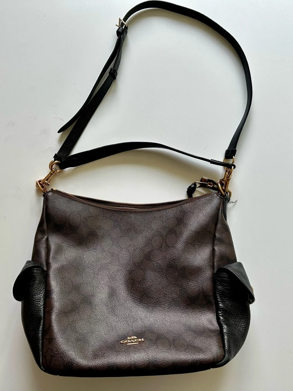 Coach Pennie C1523 Signature Canvas Brown Black Leather Shoulder Crossbody Bag